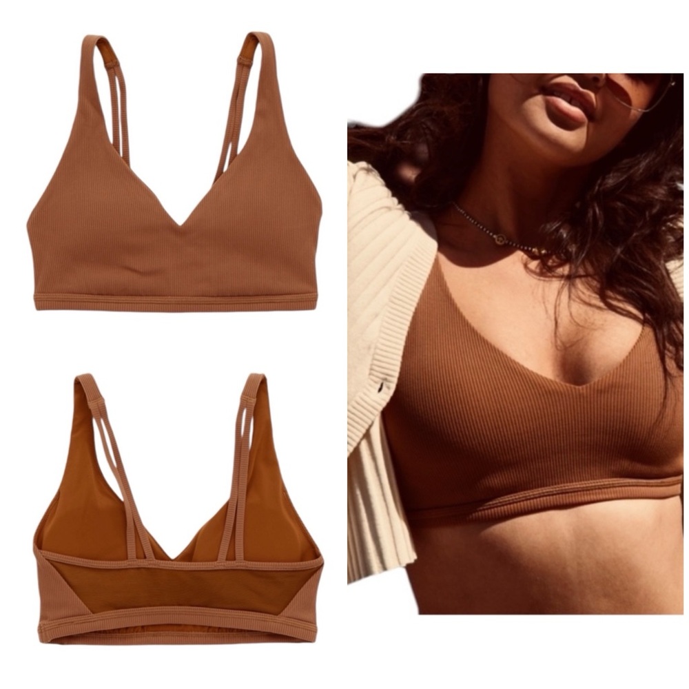 Aerie Offline Plunge Ribbed Sports Bra in Brown NWT